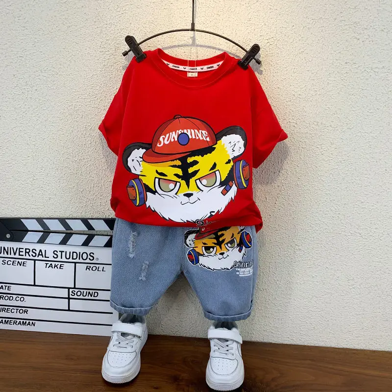 

2Pieces/Set For Age 3-12 Year teen Boys Clothing Sets New Kids Summer Short Sleeve t-shirt +jeans Pants Active Casual Boys Suits
