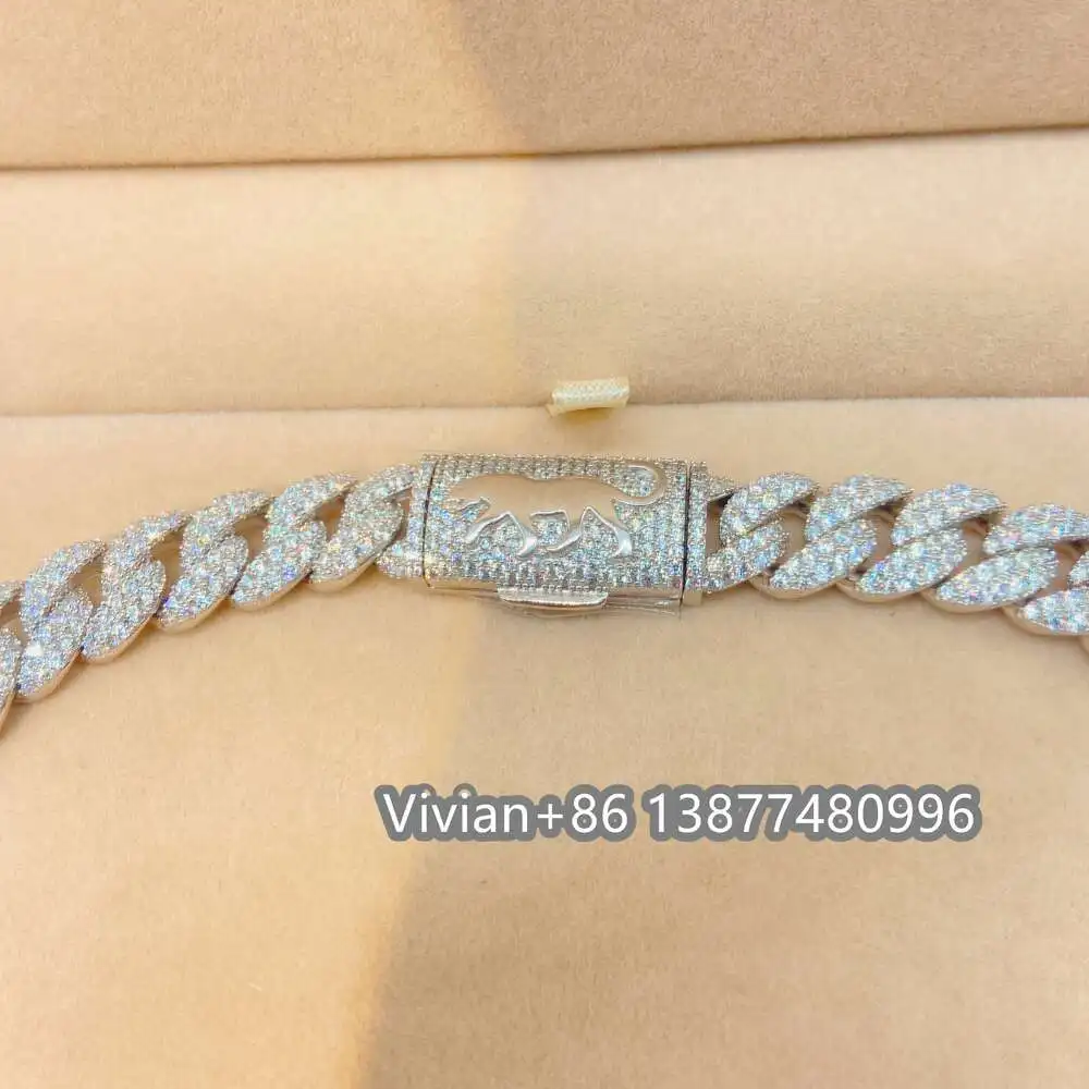 Кубинская цепочка из серебра 925 пробы с муассанитом 12 мм