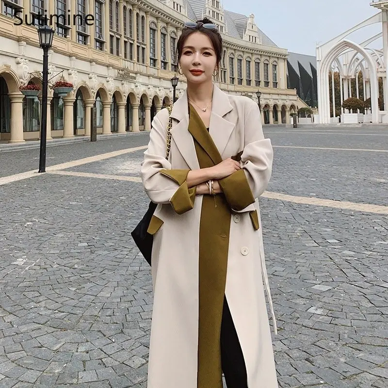 Trench Coat Office Lady Lace-up Women New Long Suit Collar Color Contrast Windbreaker Button Spliced Slim Trench Coat for Women