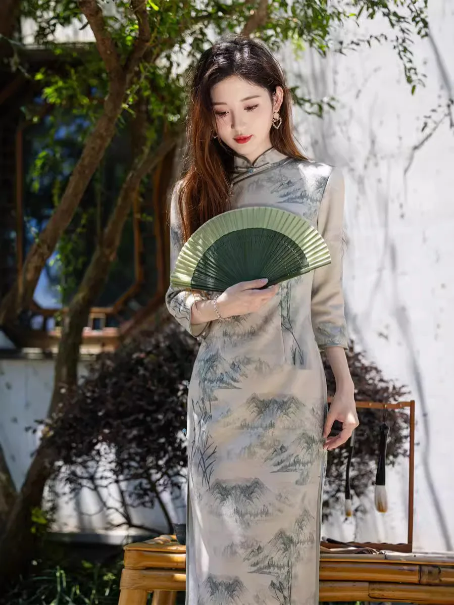 Осень 2024 новый стиль Ципао с восьми пуговицами сбоку художественный рисунком