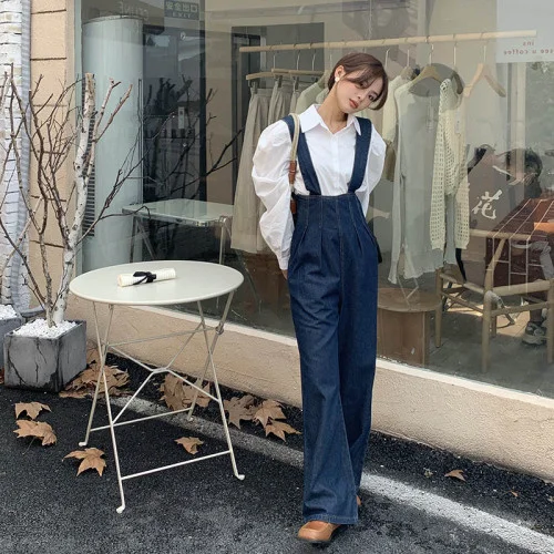 

2023 Denim Overalls Kimutomo Ins Fashion Korean Spring Autumn New High Waist Straight Leg Loose Fitting Double Shoulder Jumpsu