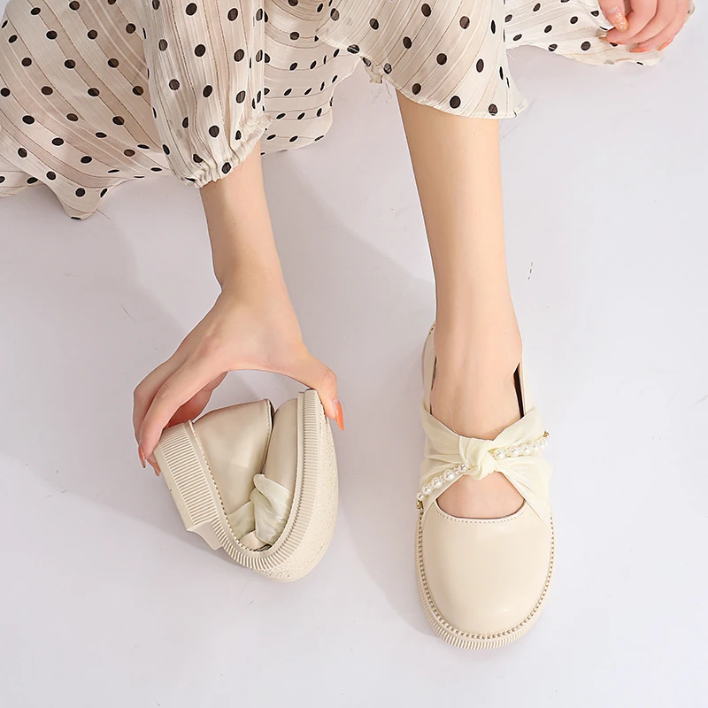 Lolita Shoes Female Japanese Mary Jane Pearl Shoes Female Retro Girl Student Ribbon Bow Shallow Mouth Round Toe Platform Shoes