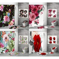 pink peony flower shower curtain sets green leaves rugs toilet lid cover bath mats bathroom succulent cactus floral bath curtain