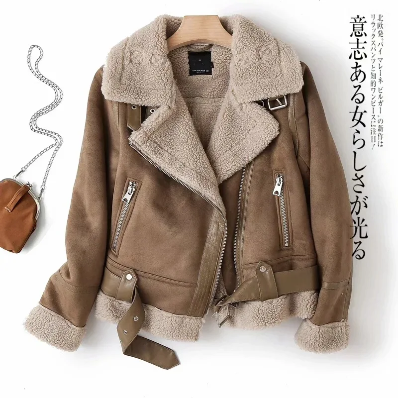 False Leather Locomotive Style Suede Lamb Jacket Women Winter Thick Coat Zipper Brown Turndown Collar Coat Outwear Loose Jackets