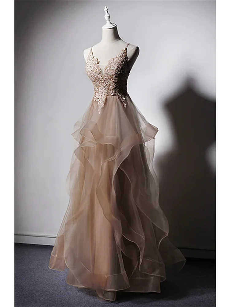

A-Line Prom Dresses Sexy Dress Formal Floor Length Sleeveless Spaghetti Strap Lace with Ruffles Appliques Elegant Tiered Skirt