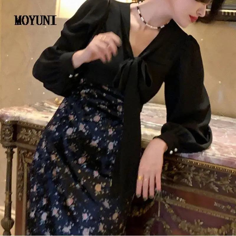 

Autumn Vintage Floral Dress Women Elegant Floral Patchwork Party Midi Dresses Female Slim Korean Fashion Designer Dress 2021 New