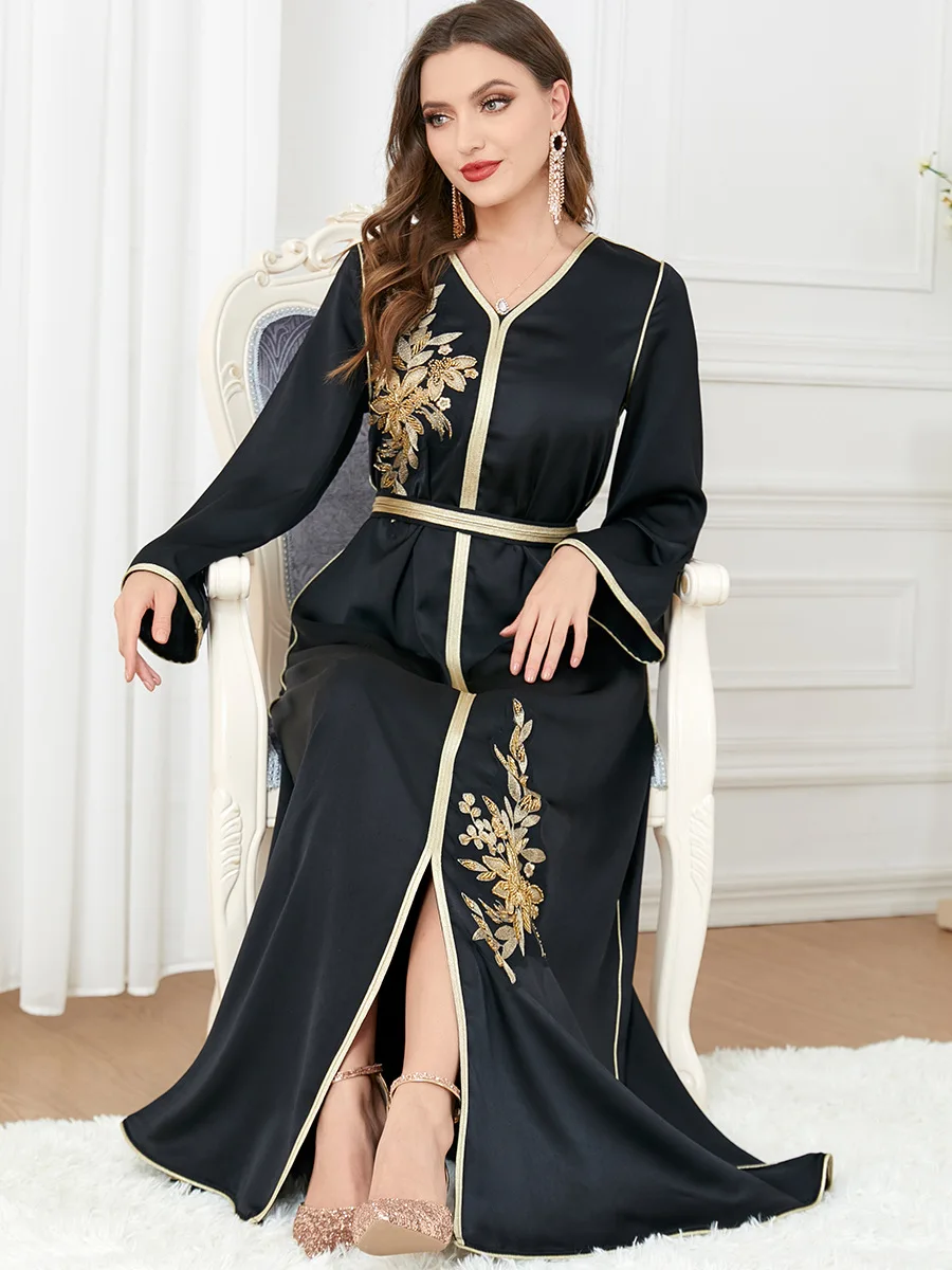 Women Muslim Elegant Black Chiffon Embroidery V-neck with Belt Robe Dubai Abaya Arab Islamic Women Moroccan Kaftan Dress