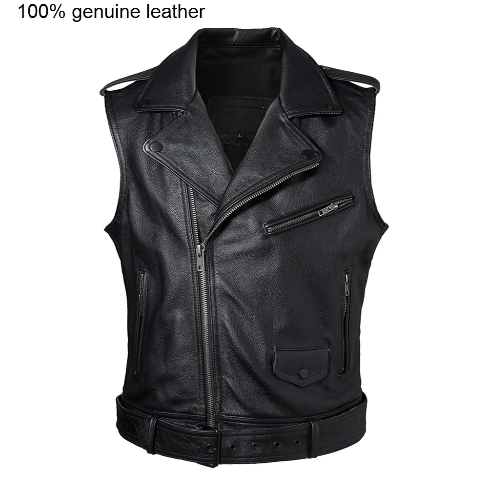 

Motorcycle 100% Cowhide Vest Classical Men's Oblique Zipper Genuine Leather Sleeveless Jackets Slim Motor Biker Vests