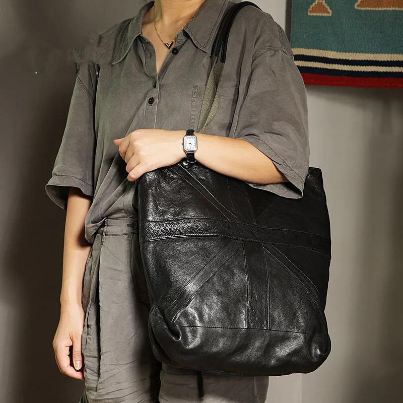 Fashion genuine leather large capacity men's tote bag outdoor travel handbag designer soft natural real cowhide big shoulder bag