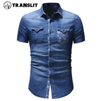 new camisa masculina short sleeves denim shirt for men leaves printed pocket shirts fashion casual solid shirts man