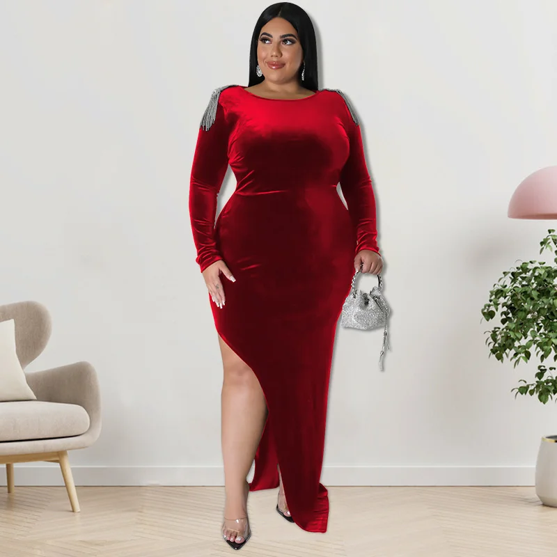 Dress Plus Size Women's Clothing Fashion Shoulder Jewelry Long Sleeve Elegant Dress Solid Color Casual Backless Party Dresses