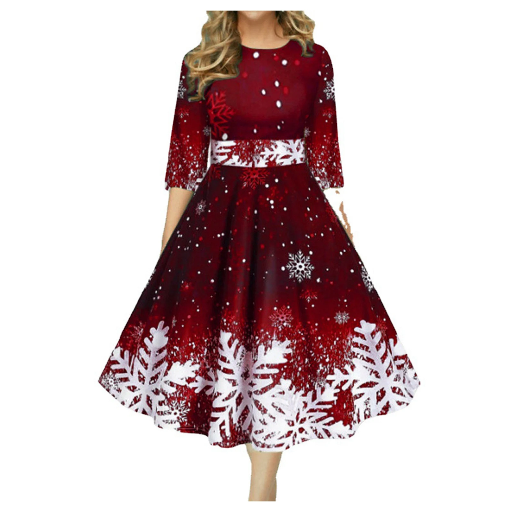 

Three Quater Sleeves Christmas Dress Retro High Waist Swing Dresses Snowflake Printed Mid-length Dress 2023 Winter New for Women