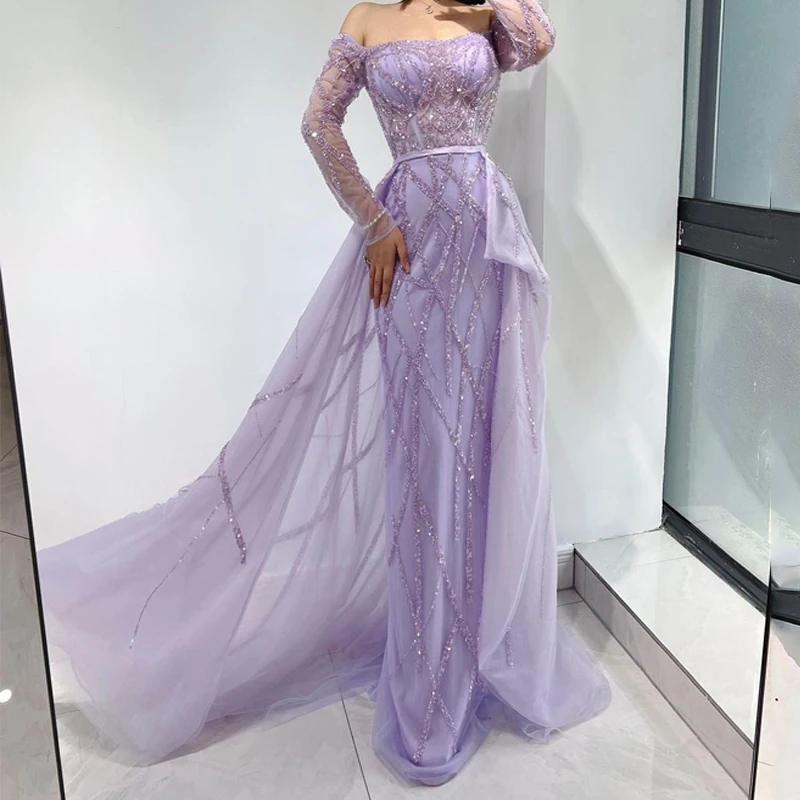 

Luxury Crystal Dubai Mermaid Evening Dresses With Overskirt Off The Shoulder Long Sleeves Arabic Prom Formal Gowns For Women
