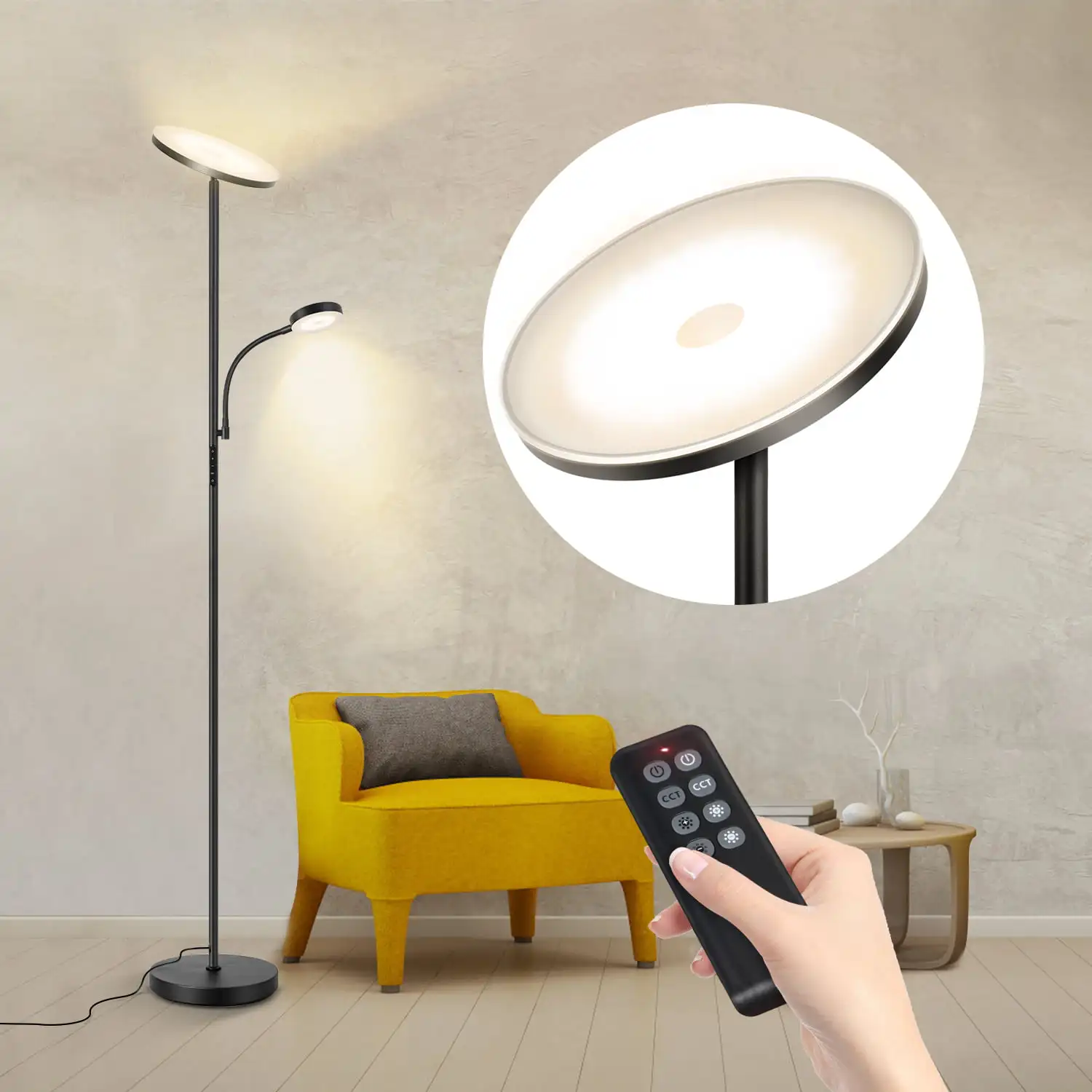 

HMTX LED Torchiere Floor Lamp with Reading Side Light, 4 Color Temperature Black Metal Standing Light for Living Room