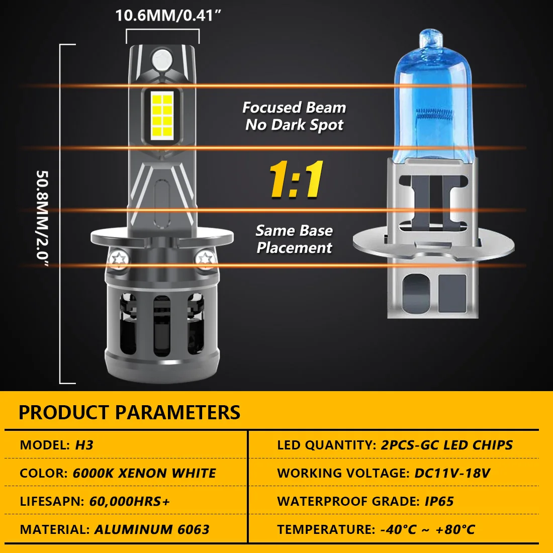 Katur 2x H3 светодиодная Автомобильная фара мини-размер 6000 лм 1993 K белый с