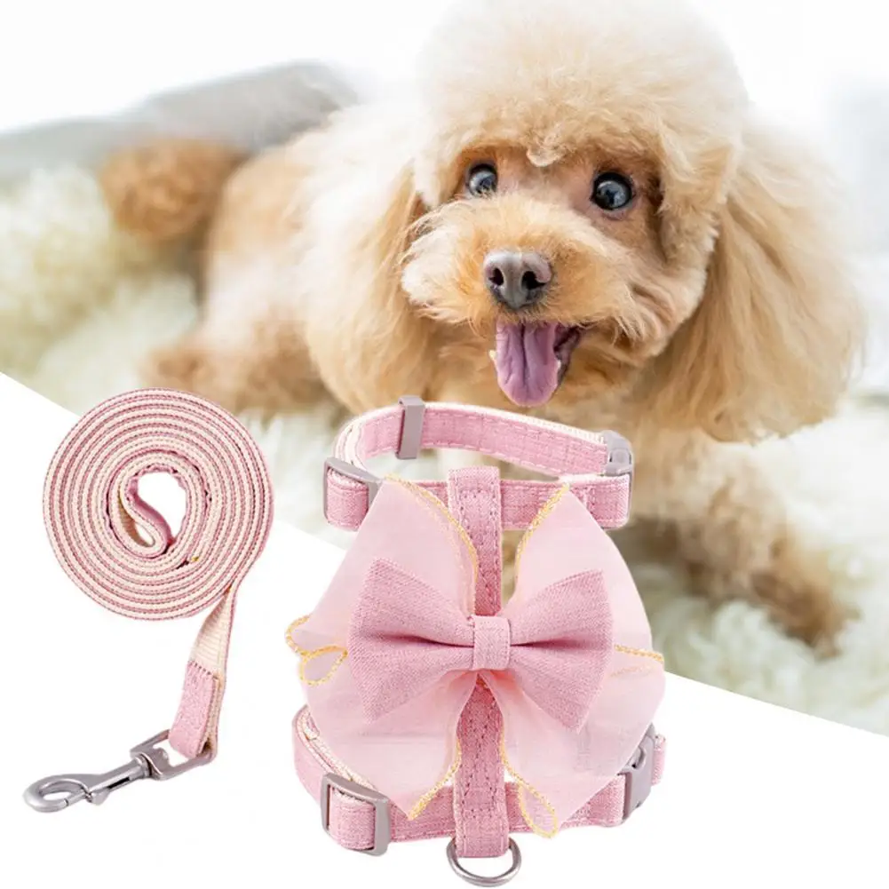 

Pet Dog Leash Set Mesh Bowknot Round Neck Dog Leash Outfit Leash Puppy Harness Set Street Wear Accessories