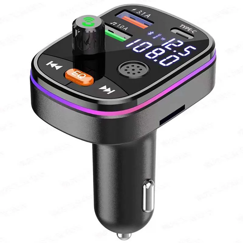 

12 24V Car Fm Transmitter Car Bt 5.0 Player Mp3 Player Usb Type-C Charger Colorful Atmosphere Light Car Electronic Accessories