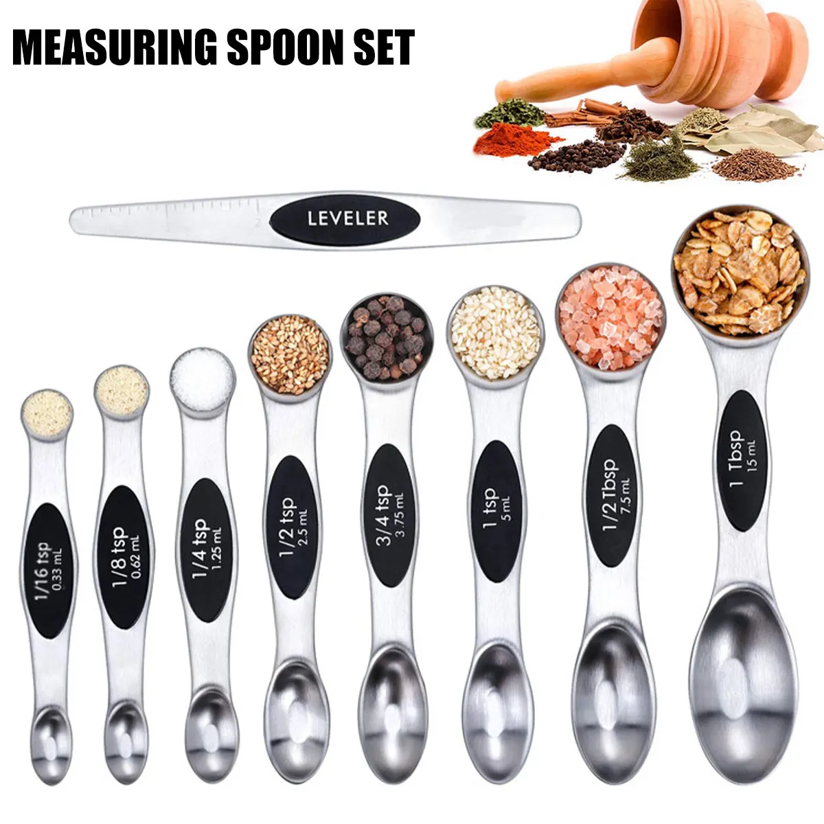 

9Pcs Magnetic Measuring Spoon Set Stainless Steel Measuring Spoon Stackable Teaspoons Double-side Metal Accurate Measuring Spoon