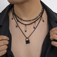 3pcsset personality street hip hop multilayer pin small lock pendant necklace detachable men necklace punk party jewelry