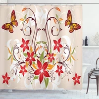 orange brown floral shower curtain swirled flowers leaves butterfly nature foliage print bathroom bath curtains with hooks decor