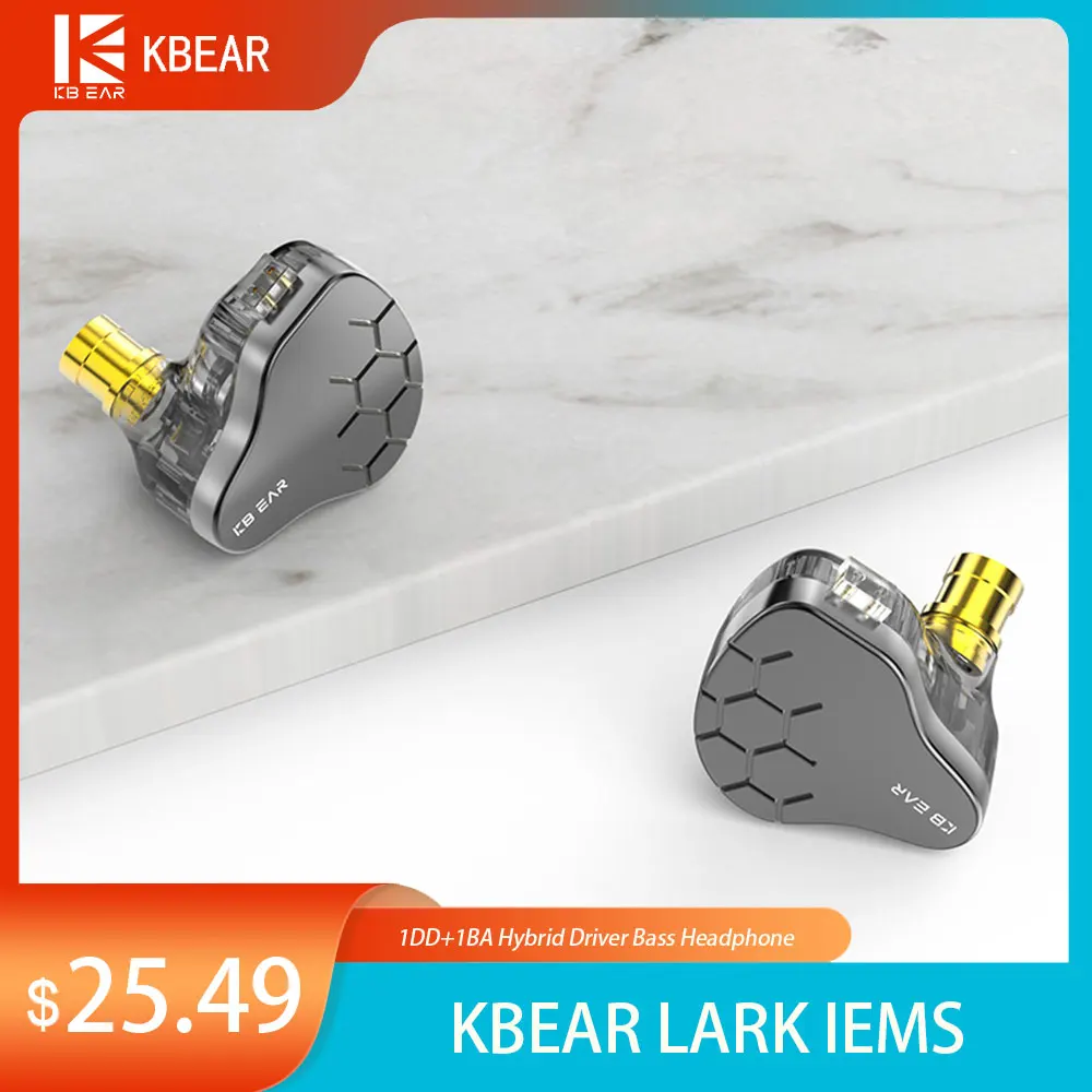 

KBEAR Lark HiFI Wired Best In Ear IEM Earphone 1DD+1BA Hybrid Driver Bass Headphone Monitor with Mic 4N Silver Plated 2PIN Cable