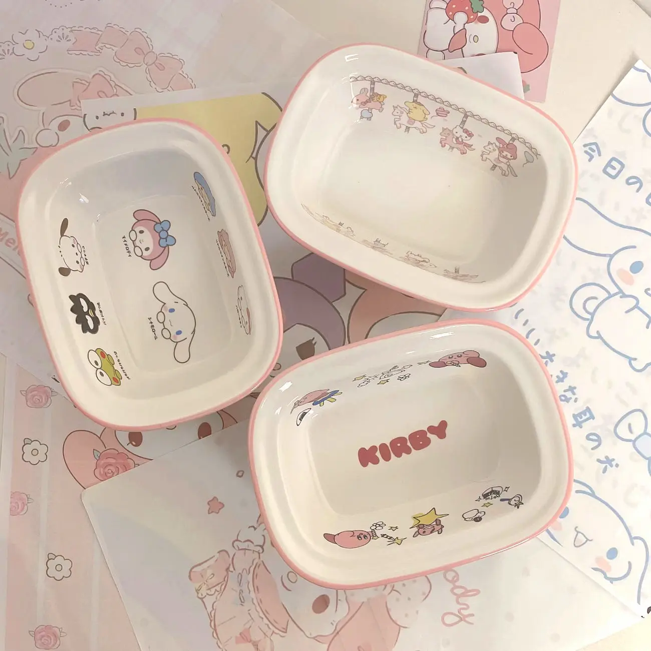 

New Sanrio Kawaii Cartoon My Melody Cinnamoroll Ceramics Tableware Rectangle Home Salad Bowl Kids Gift 14X10X5Cm