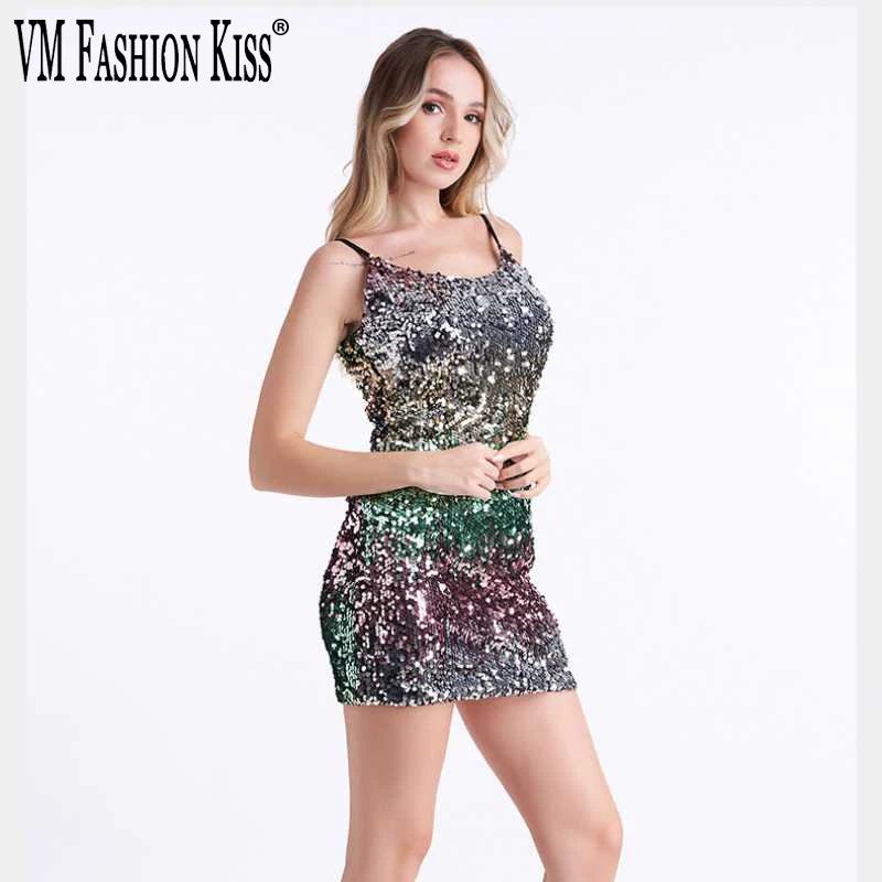 

VM FASHION KISS Summer New Package Hip Dress Female Suspenders Sequins Large Size Sexy Trend Skirt