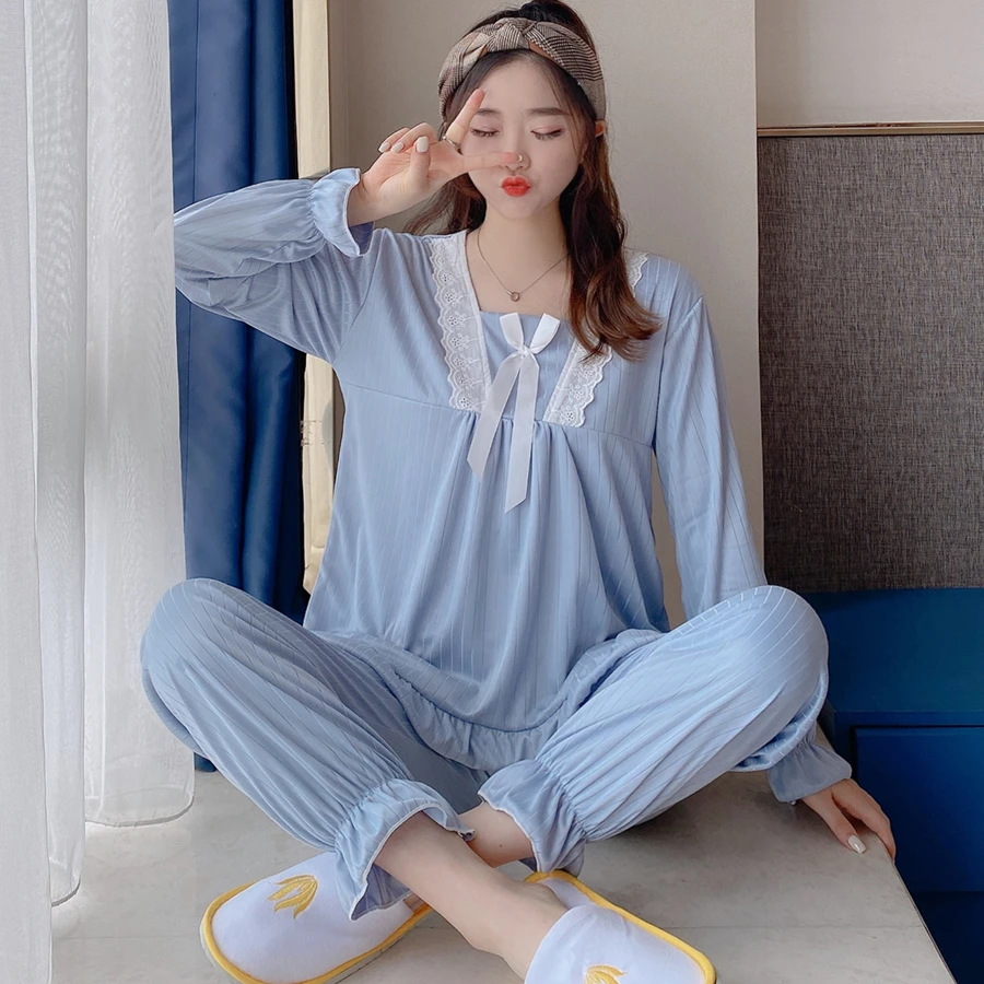 Autumn new product long-sleeved cotton pit strip pajamas female student princess Korean version casual home clothes 2-piece set