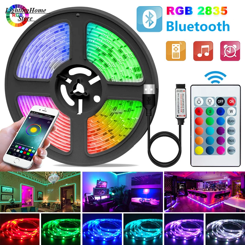 

Светодиодная лента RGB 2835 SMD, 60 светодиодов/м светильник дистанционное управление, инфракрасный Bluetooth, USB, гибкая Диодная лампа, подсветильник ...