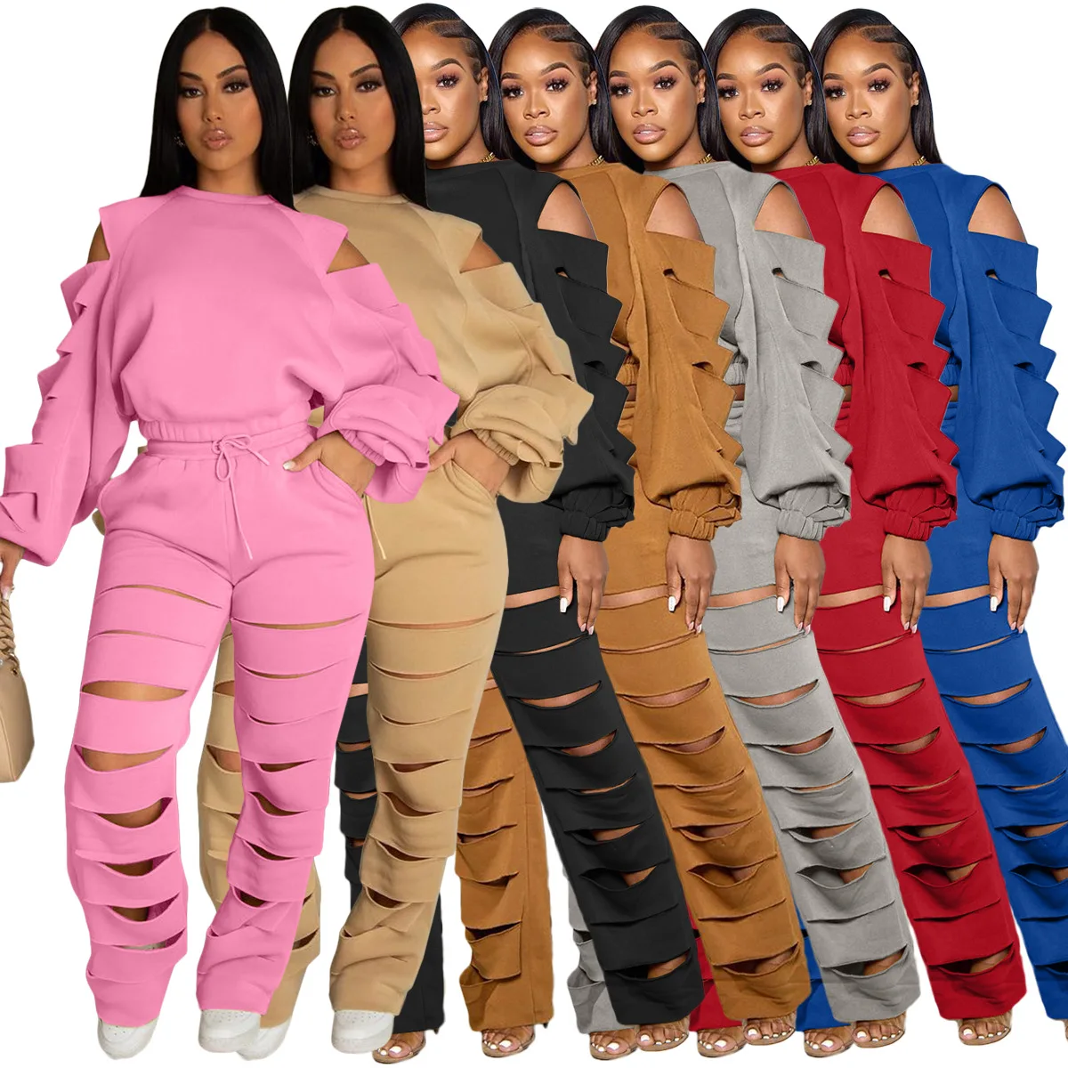 

Sexy Hollow Out 2 Piece Club Outfits Women Long Sleeve O Neck Crop Top and Ribbed Long Pants Fall Spring Tracksuit Party Clothes