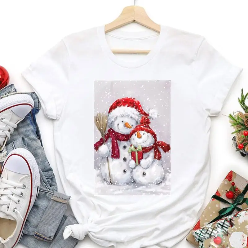 

Women Holiday Merry Christmas Tshirt New Year Trend Graphic Snowman Sweet T-shirts Happy Cartoon Festival Top Travel Tees