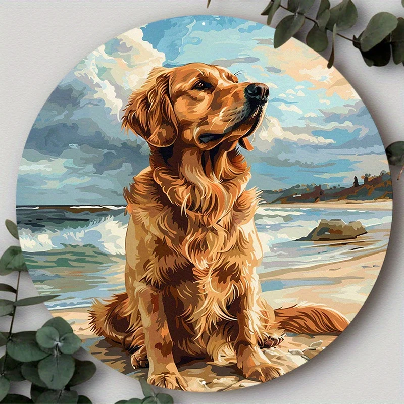 Okrągły aluminiowy metalowy znak tabliczka wieniec z płaskim wzorem psa 2D do dekoracji wnętrz zabawny wystrój jako prezenty dekoracja ścienna