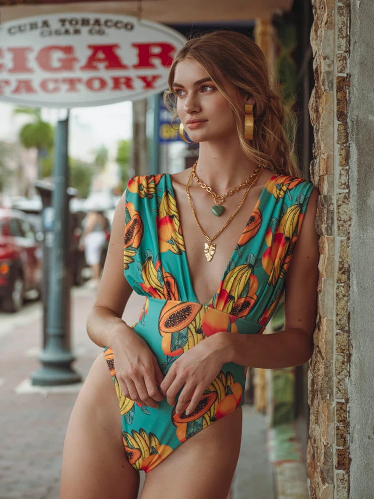 

New 2022 COOBBU Tropical Printed Swimsuit Push Up Piece Swimsuit Beach Wear Vintage Monokini Beachwear Swim Suit One-Piece Suits