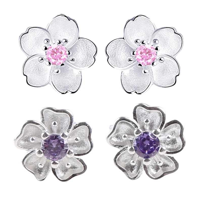 

517F Cherry Blossom Ear Studs Inlaid Pink/Purple Zircon Ear Studs Flower-shaped Simple Popular Earrings Gift for Women Girls
