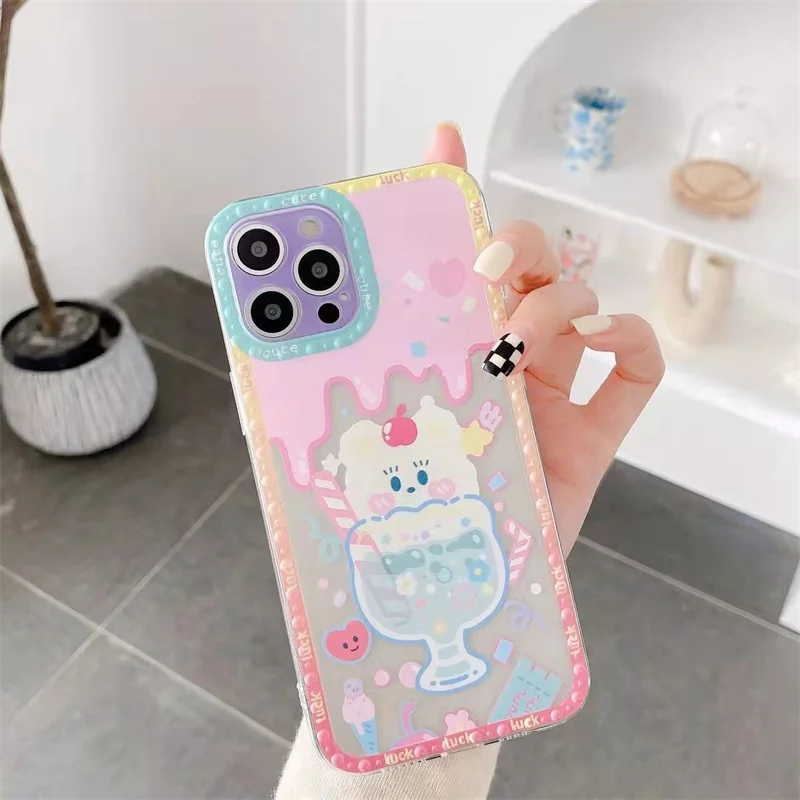 

For iphone 11 12 Pro Max XR X Xs Max 7 8 Plus Phone Case Summer Super Cute Cartoon Ice Cream Rabbit Love Graffiti Silicone Shell