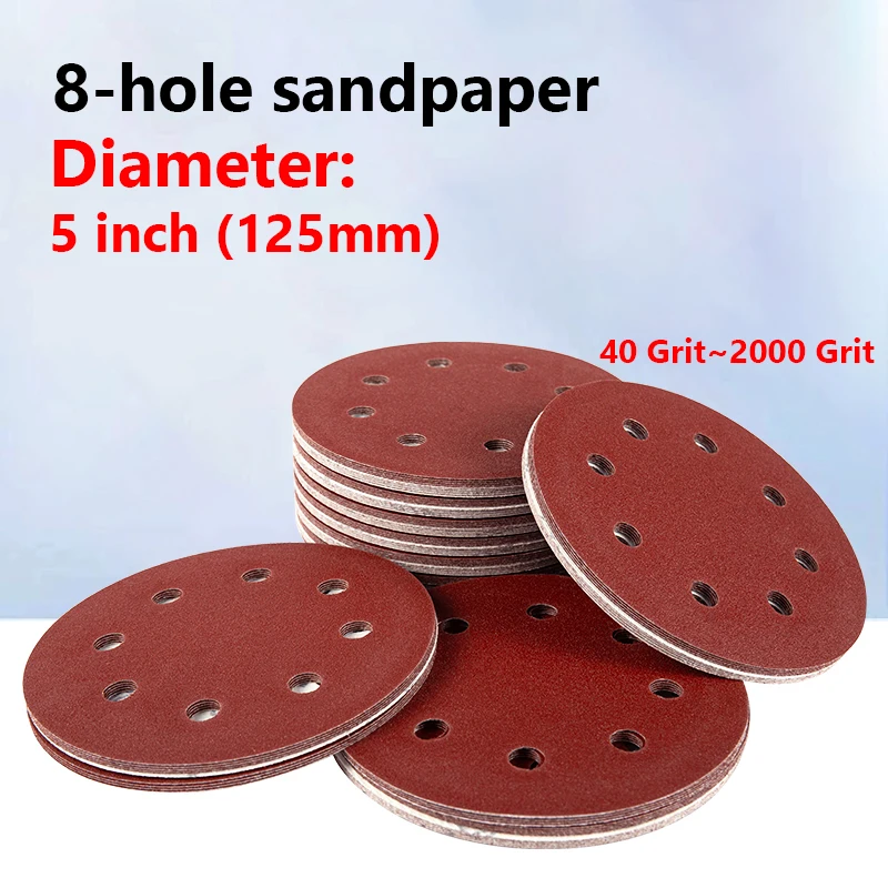Диск наждачной бумаги с 8 отверстиями, 5 дюймов (125 мм), деревообрабатывающий шлифовальный диск по металлу, зернистость 40 ~ 2000 для абразивных полировальных инструментов