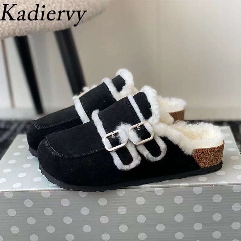 Женские замшевые шлепанцы круглый носок металлическая пряжка сланцы шерстяная