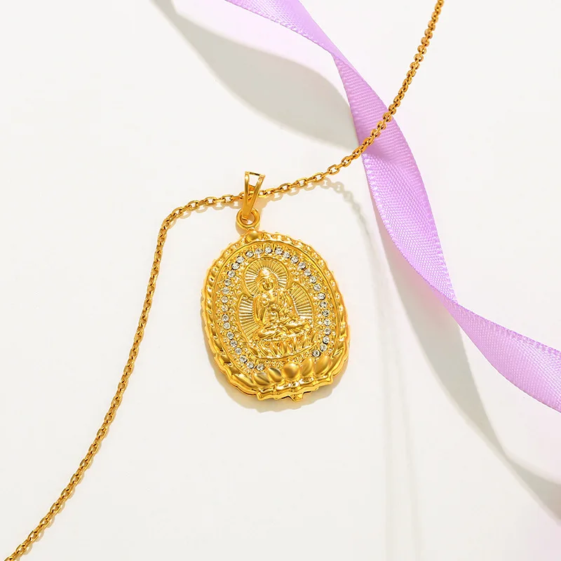 

18K Gold Color Necklace Buddha Pendant Small Golden O Chain for Women's Men Zircon Necklace Chain Fine Jewelry Party Gifts