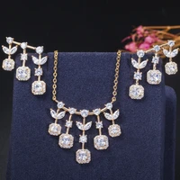 threegraces gorgeous cubic zirconia gold color geometric tassel drop earrings necklace set for ladies chic party jewelry js550