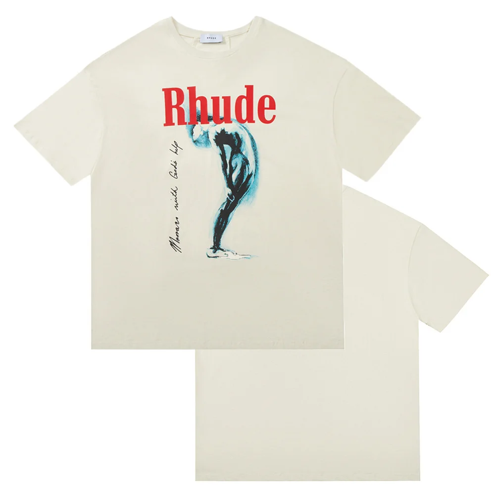 

New Fashion Brand Streetwear High wear Summer Oversize Loose RHUDE Moncaco With Gold helpTee tops t shirt men