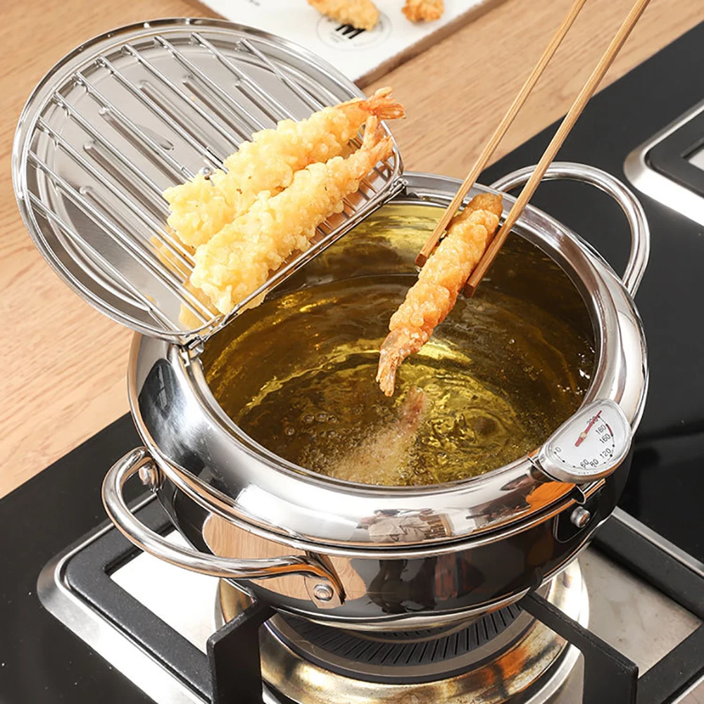 

Deep Frying Pan Japanese-style Tempura Deep Fryer With Thermometer Lid Oil Drip Drainer Rack Nonstick Stainless Steel Fryer Pot