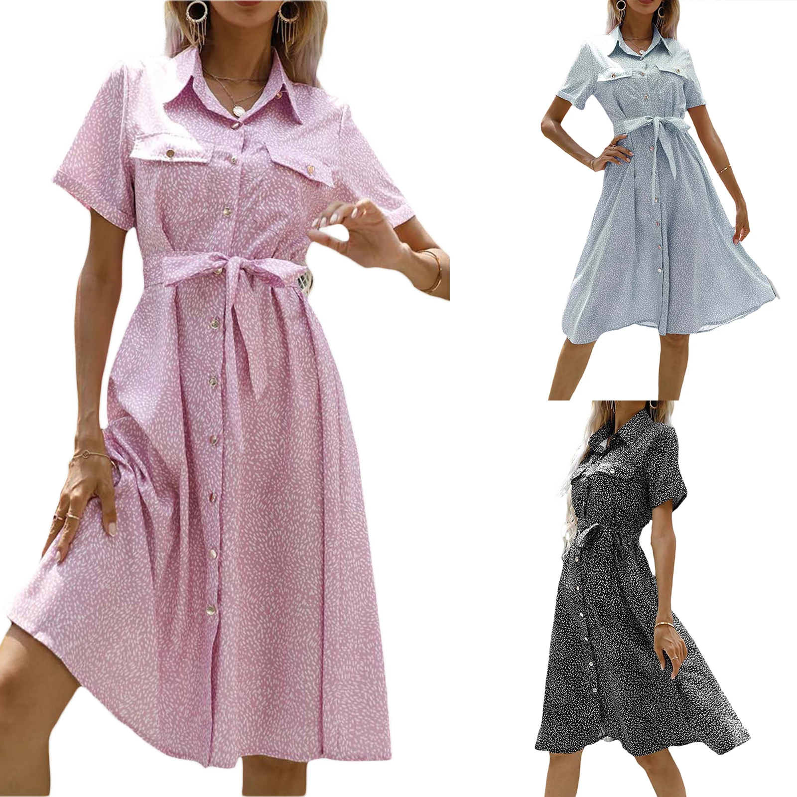 

Women’s Elegant Short Sleeve A-line Dress Fashion Floral Print Lapel Button Mid-length Shirt Dress with Belt
