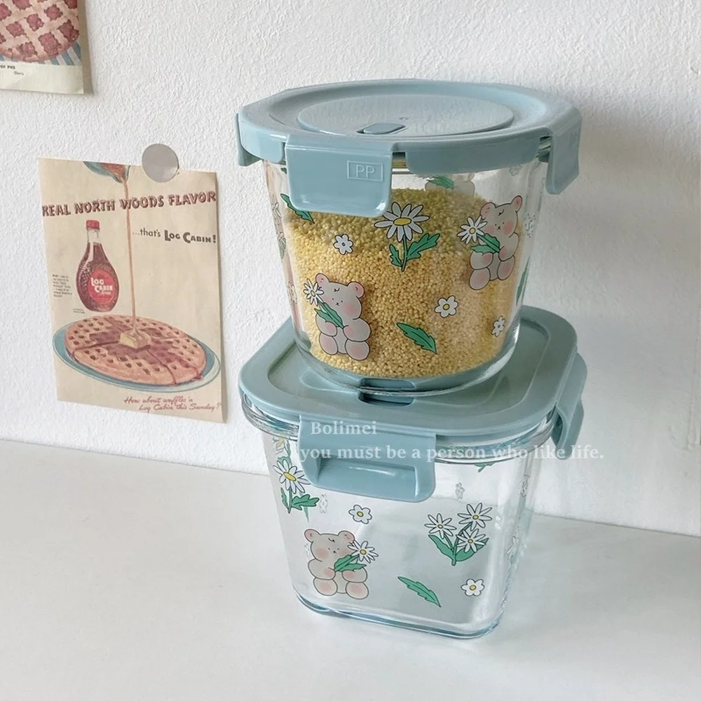 

Bear Preservation Bowl Heat-resistant Glass Square Preservation Storage Soup with Lid Leak Proof Rubber Ring Portable Glass Bowl