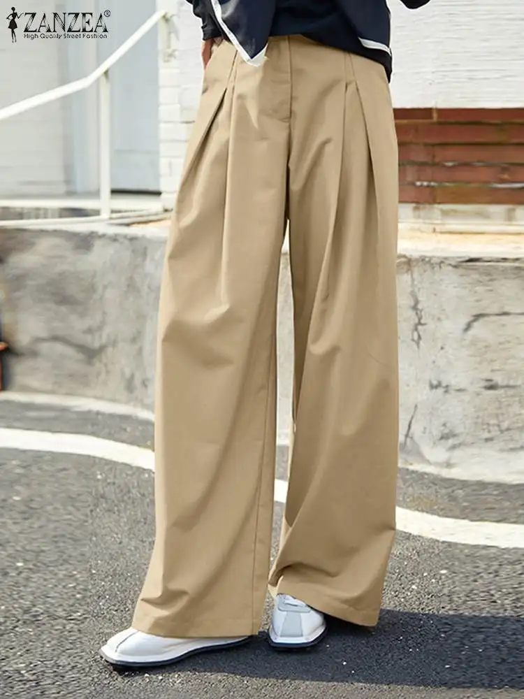 

Women Casual Solid OL Trouser ZANZEA Elegant Office Work Pants 2022 Fashion Back Elastic Waist Pantalon Palazze Zip Overalls