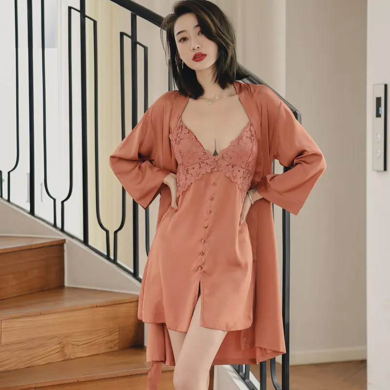 

Short Satin 2PCS Kimono Robe Set Women Casual Sleepwear Bathrobe Gown Sexy LACE Patchwork Home Clothing Intimate Lingerie