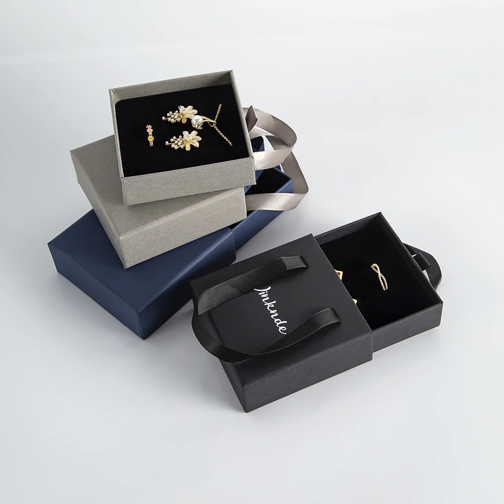 100pcs Paper Drawer box Custom Jewelry Box with Ribbon Personalized Logo Chic Small Jewelry Packaging Bulk Drawer Cardboard Box