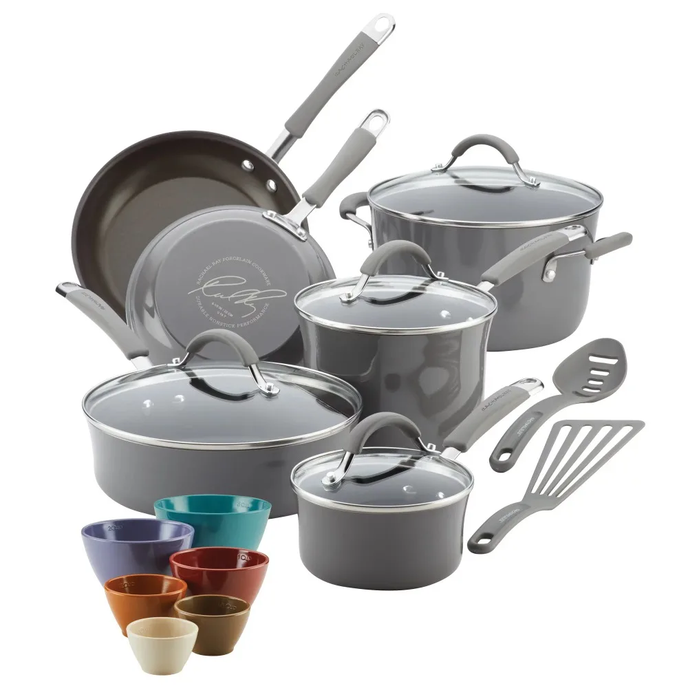 

Кухонная посуда из жесткой эмали с антипригарным покрытием и набор тарелок, 18 шт., серый цвет