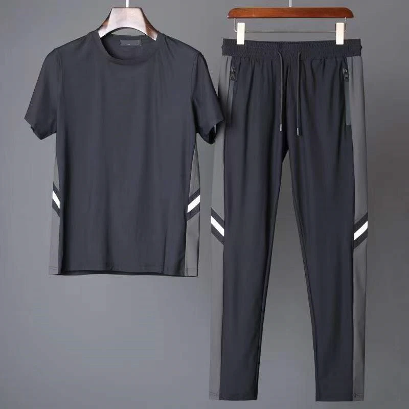 Summer Men's Casual Sports Set Ultrathin Quick Dried Ice Silk Top T-shirt+Pants Thin Casual Sports Men's Set