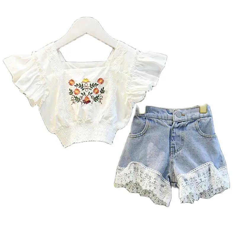 

2022 New Summer Flying Sleeve Embroidered Flower White Shirt+Lace Denim Shorts 2Pcs Kid Clothes Girl Set Children Clothes