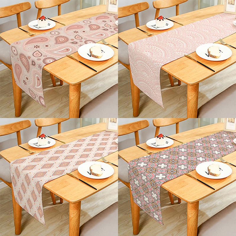 

Pink Rhombus Bohemian Floral Leaves Pattern Linen Table Runner Cloth Cover Anti-Slip Stain For Dinner Celebrate Party Decor